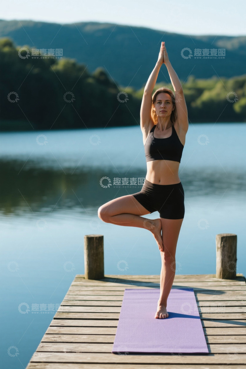 高清大图下载【趣麦麦图】女子湖畔木栈道上做瑜伽