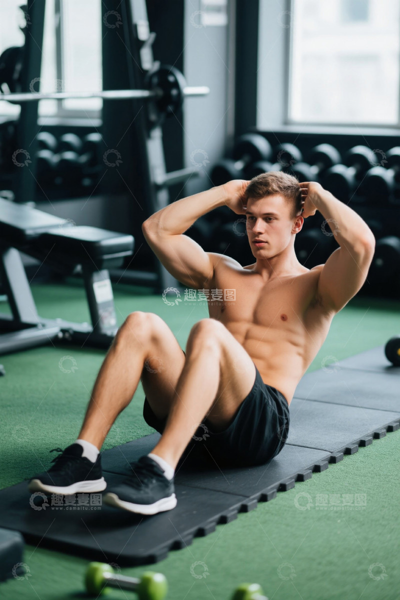 高清大图下载【趣麦麦图】男性健身房做仰卧起坐锻炼