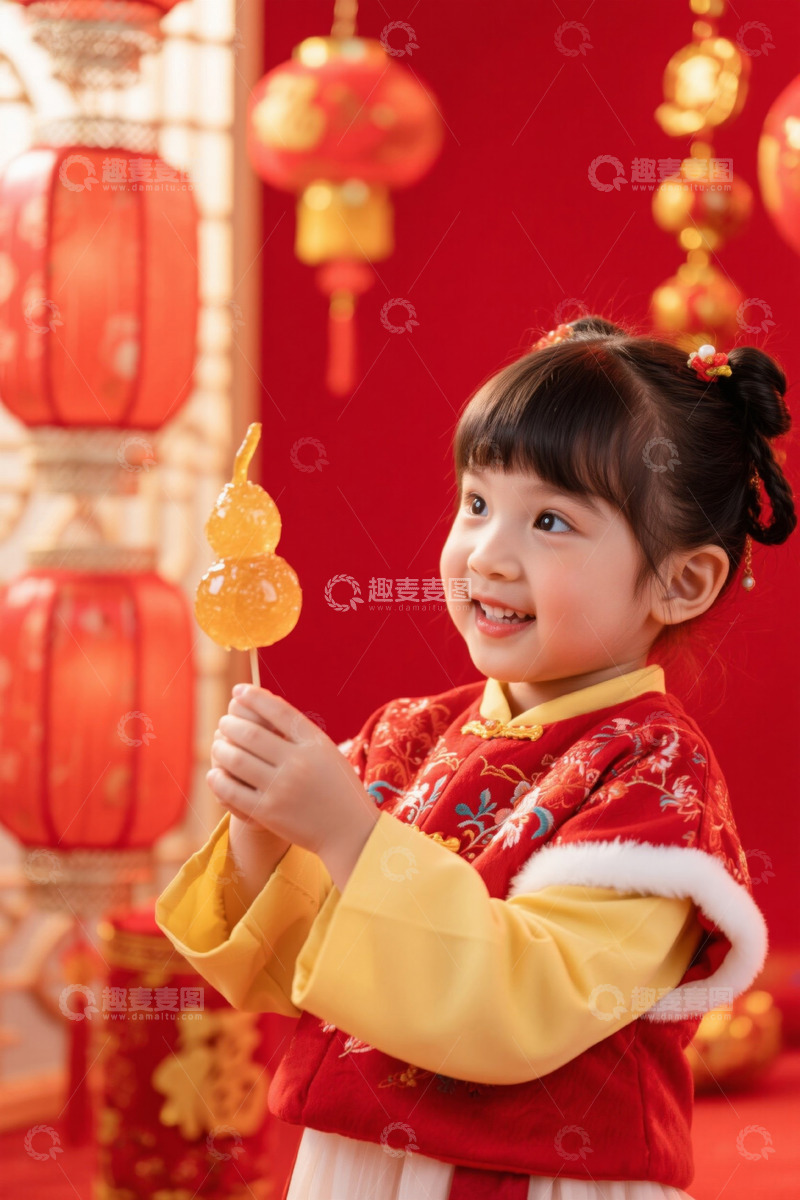 高清大图下载【趣麦麦图】穿传统服饰女孩手持糖葫芦