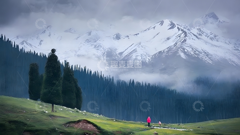 高清大图下载【趣麦麦图】雪山森林徒步风光
