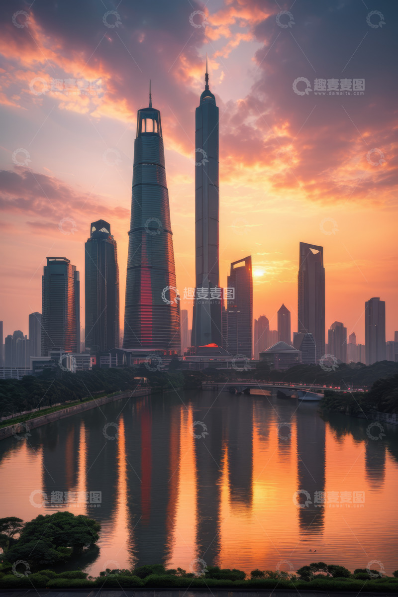 高清大图下载【趣麦麦图】上海城市天际线日落景观