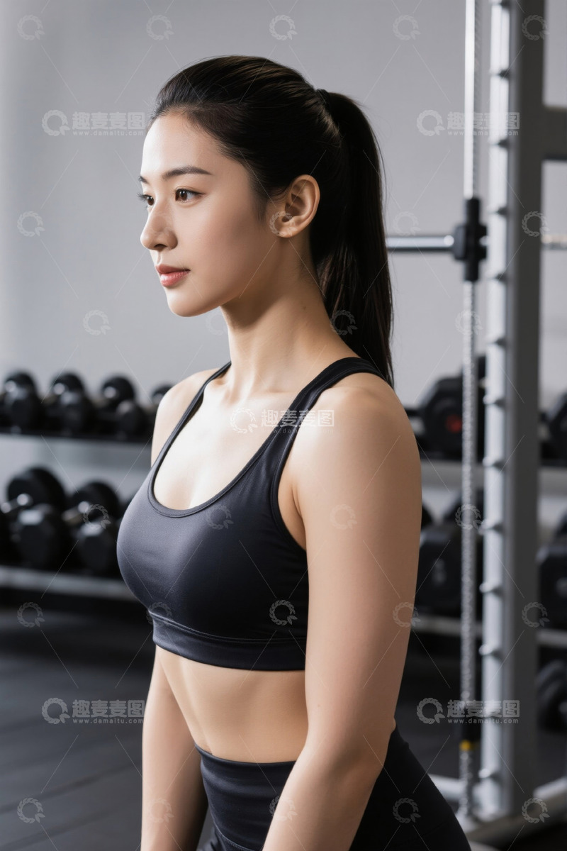 高清大图下载【趣麦麦图】健身房内健身女性侧影