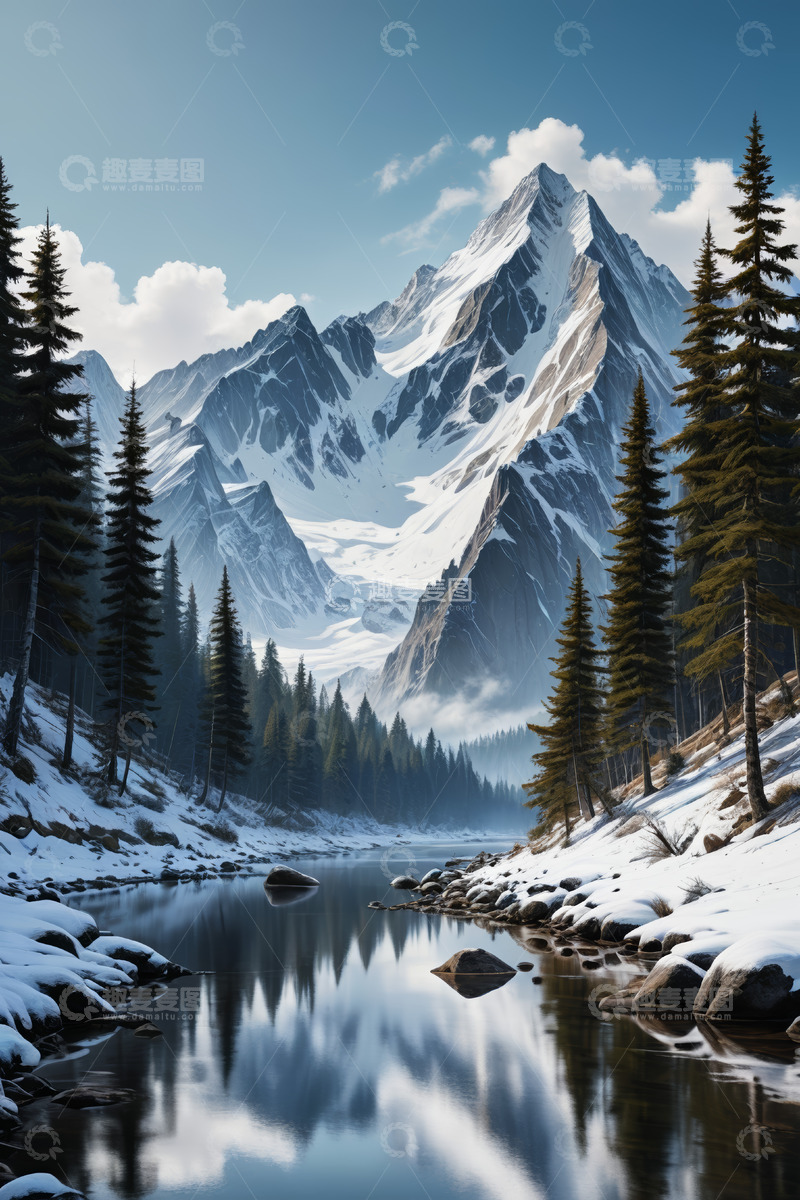 高清大图下载【趣麦麦图】雪山森林湖泊自然景观