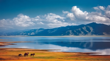 静谧湖畔骏马风景画