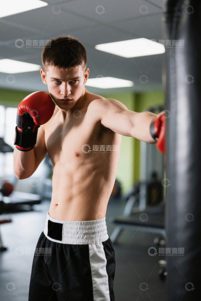 高清大图下载【趣麦麦图】健身房男子拳击训练场景