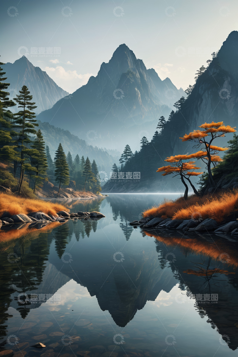 高清大图下载【趣麦麦图】山水相依的宁静自然风景