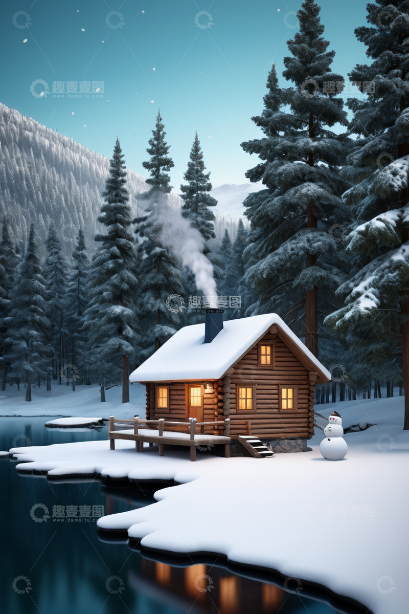 高清大图下载【趣麦麦图】冬日湖边木屋雪景