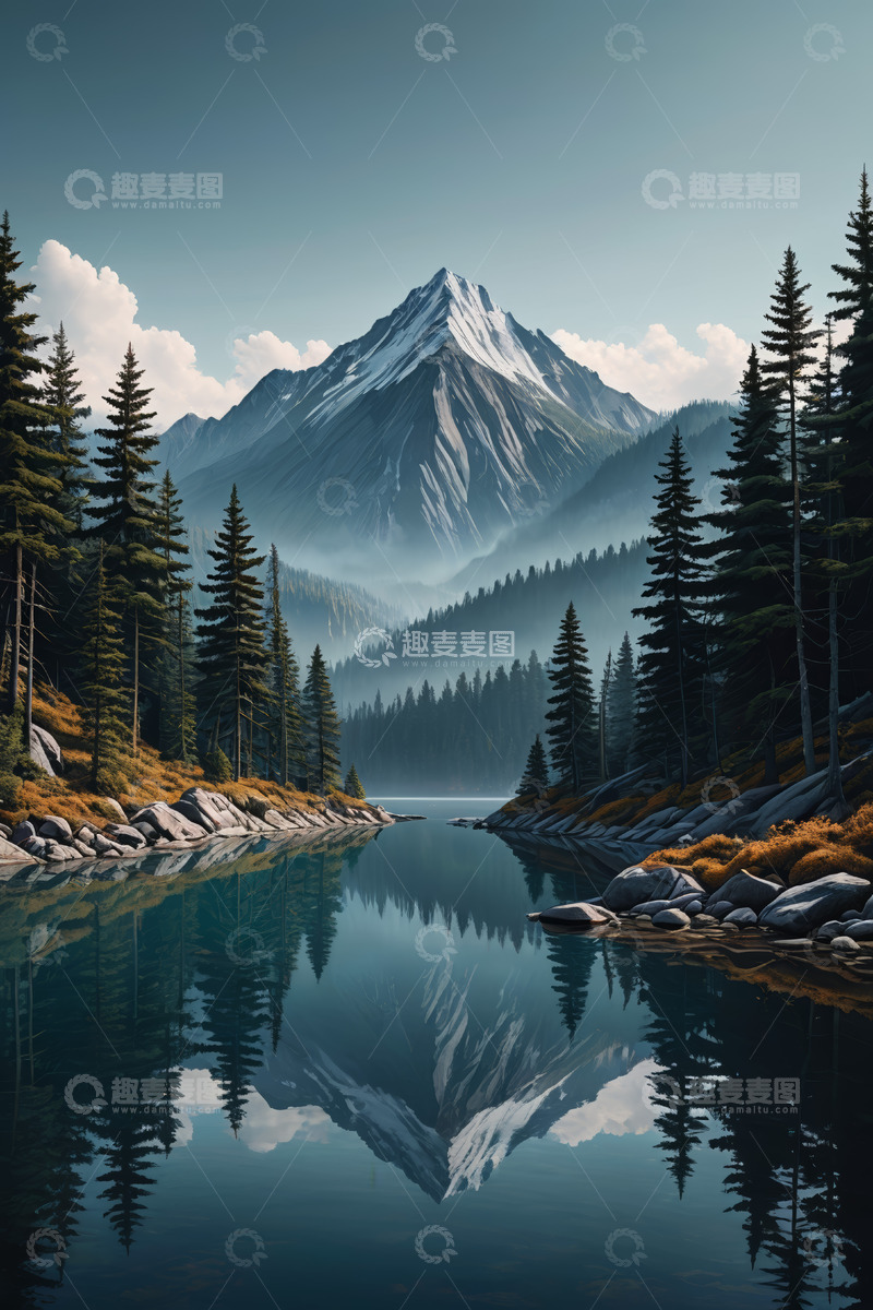 高清大图下载【趣麦麦图】山林间静谧湖泊与巍峨山峰
