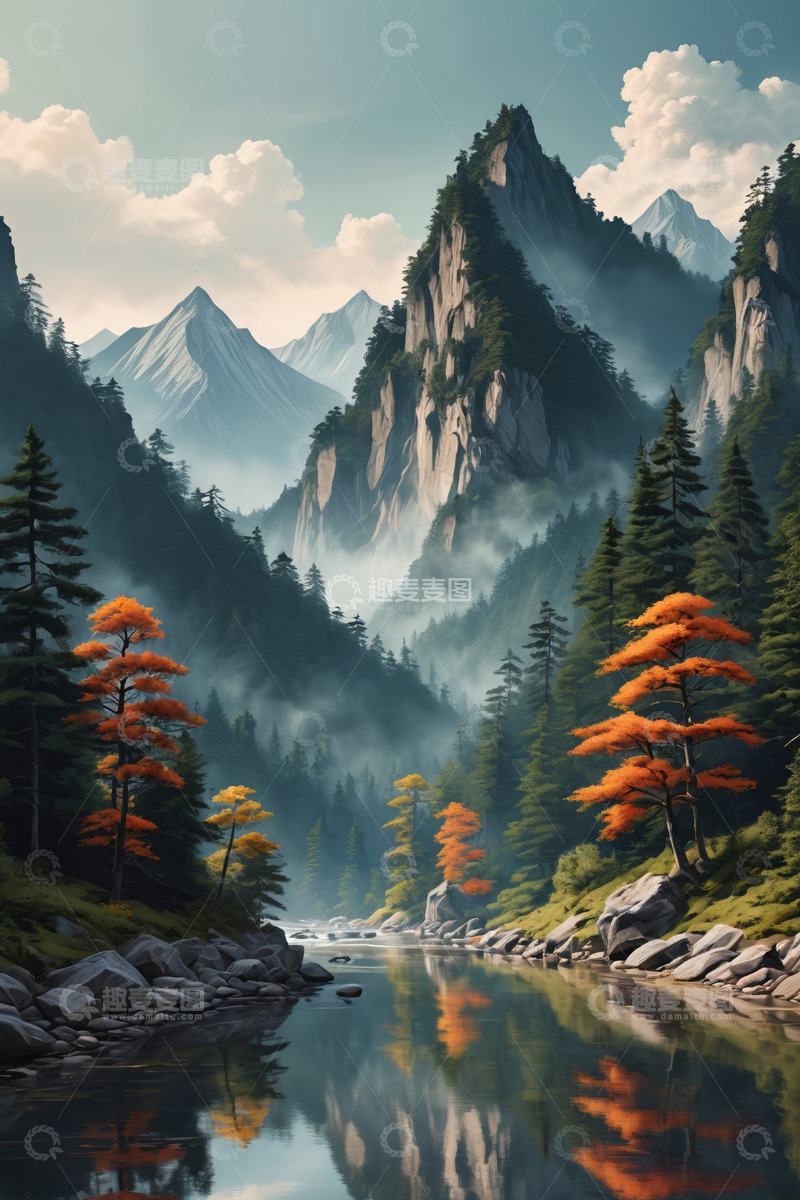 高清大图下载【趣麦麦图】山林间河流与多彩树木风景