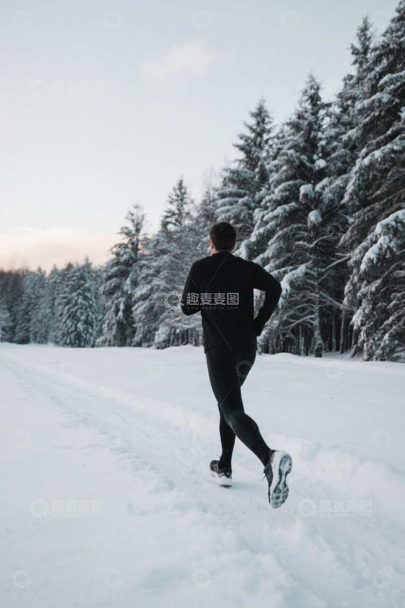高清大图下载【趣麦麦图】男子雪地林间慢跑场景
