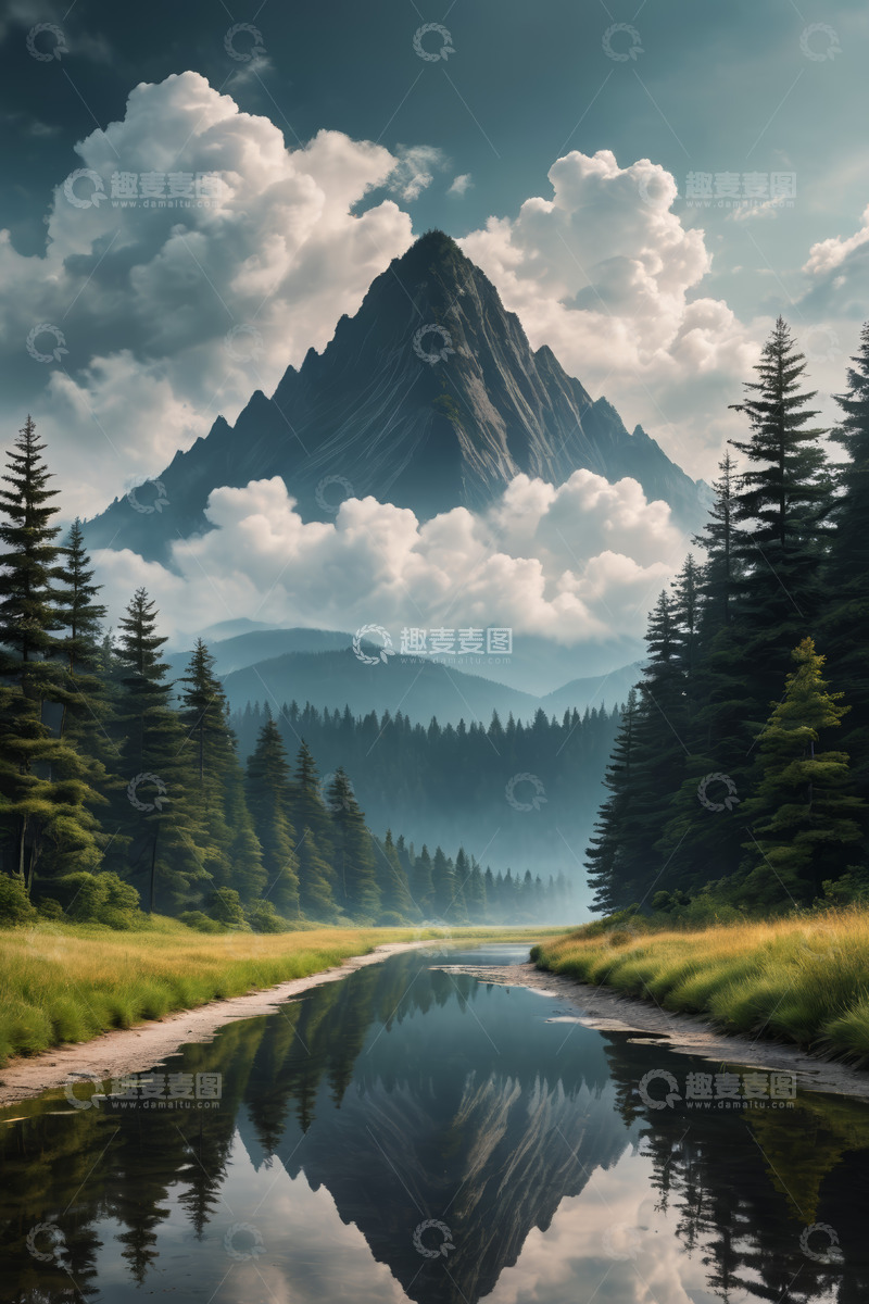 高清大图下载【趣麦麦图】山林间的巍峨山峰与宁静溪流