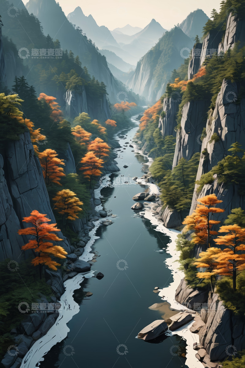 高清大图下载【趣麦麦图】山谷河流与秋日山林风景