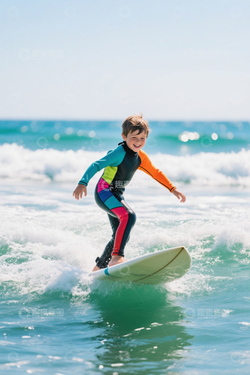 高清大图下载【趣麦麦图】儿童在海洋中冲浪