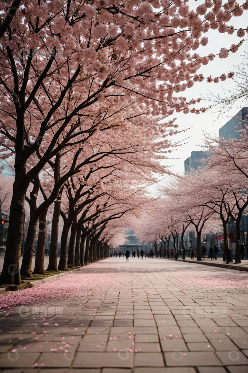 高清大图下载【趣麦麦图】街道两旁盛开的樱花树景观