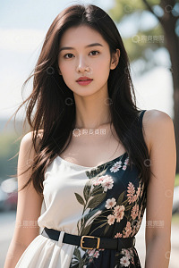 户外穿着花裙的年轻女性