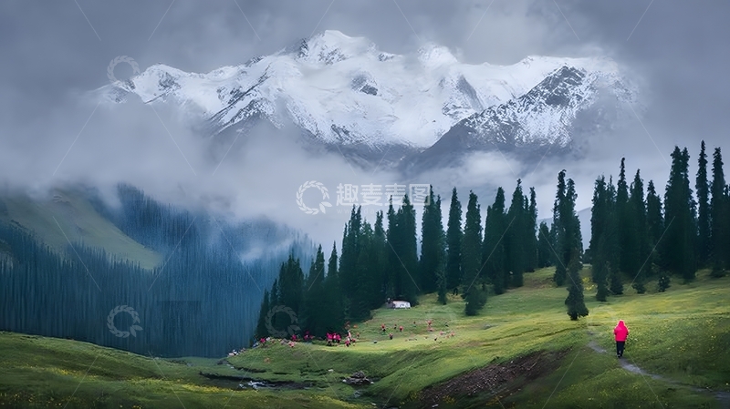 高清大图下载【趣麦麦图】雪山森林徒步风光摄影图片