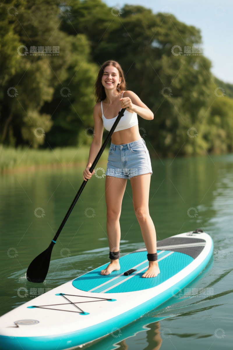 高清大图下载【趣麦麦图】女子站立划桨板水上休闲