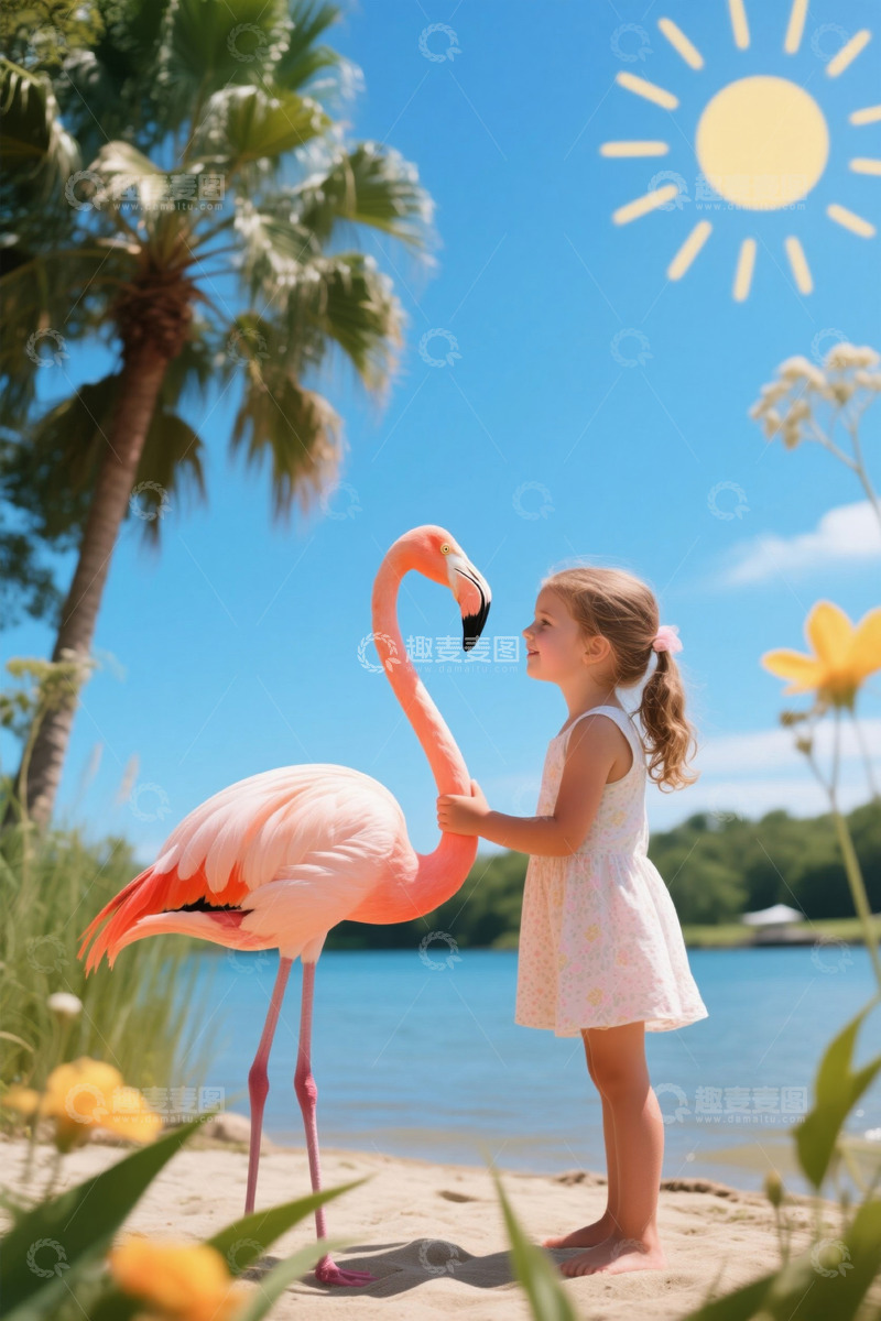 高清大图下载【趣麦麦图】小女孩与火烈鸟在湖边互动