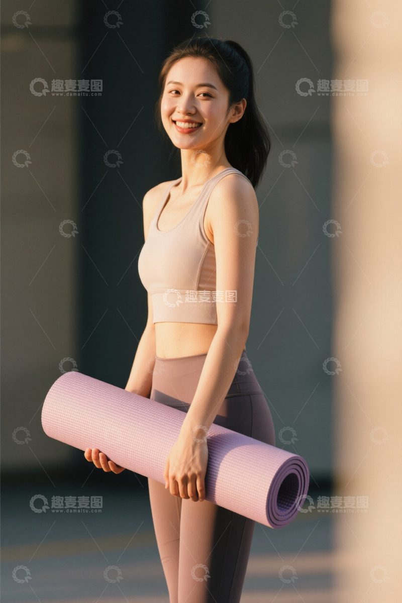 高清大图下载【趣麦麦图】手持瑜伽垫的运动女性