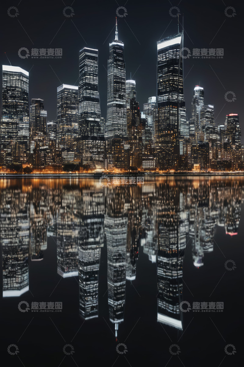 高清大图下载【趣麦麦图】夜晚城市高楼与水面倒影景观