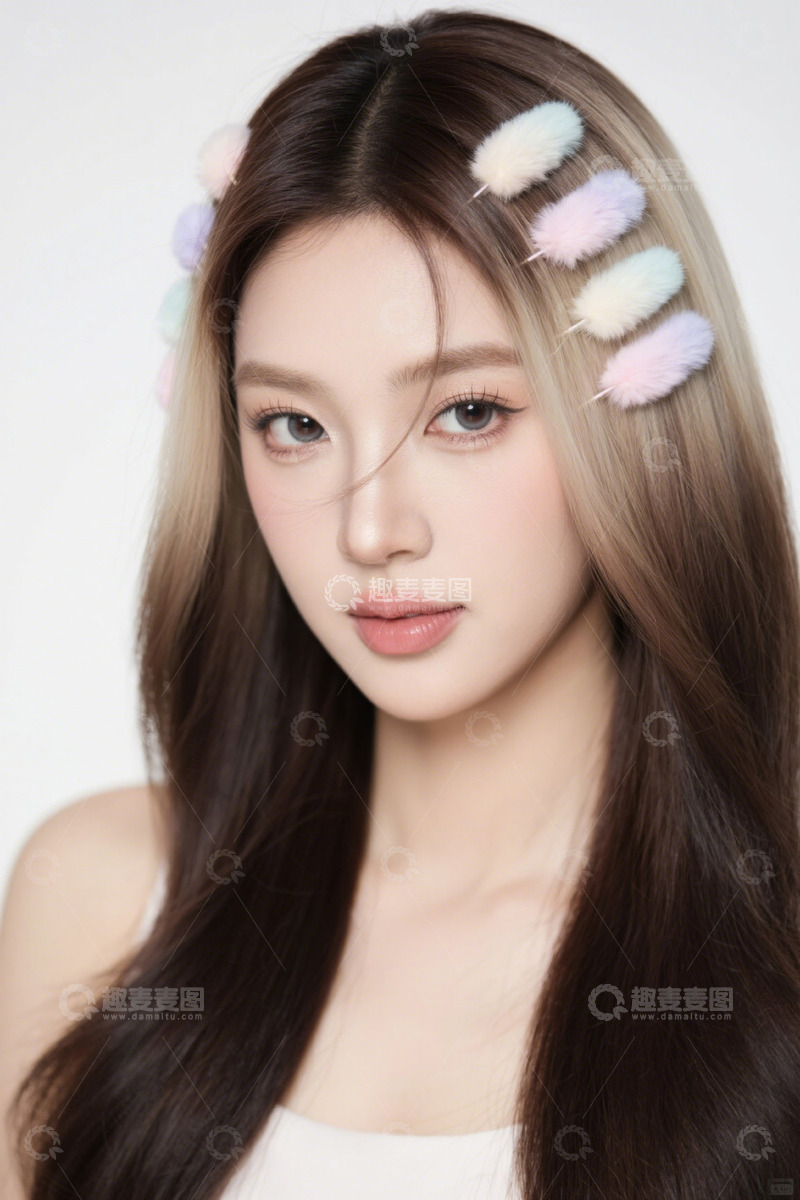 高清大图下载【趣麦麦图】长发女性佩戴彩色毛绒发饰特写