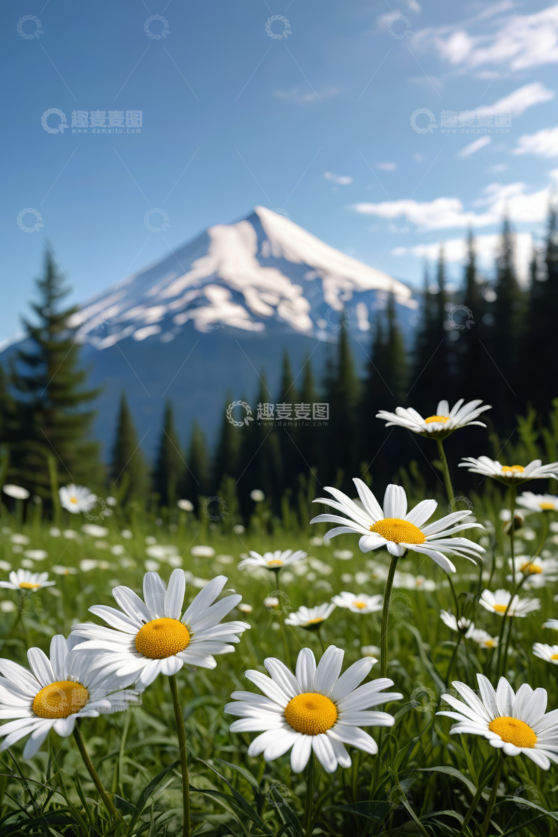 高清大图下载【趣麦麦图】雪山下的雏菊花海风光