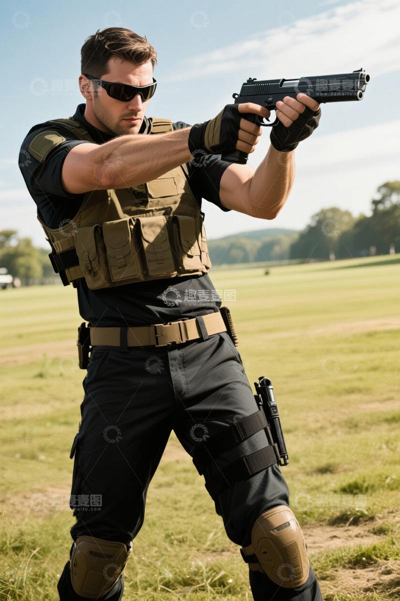 高清大图下载【趣麦麦图】男子户外持枪瞄准姿势