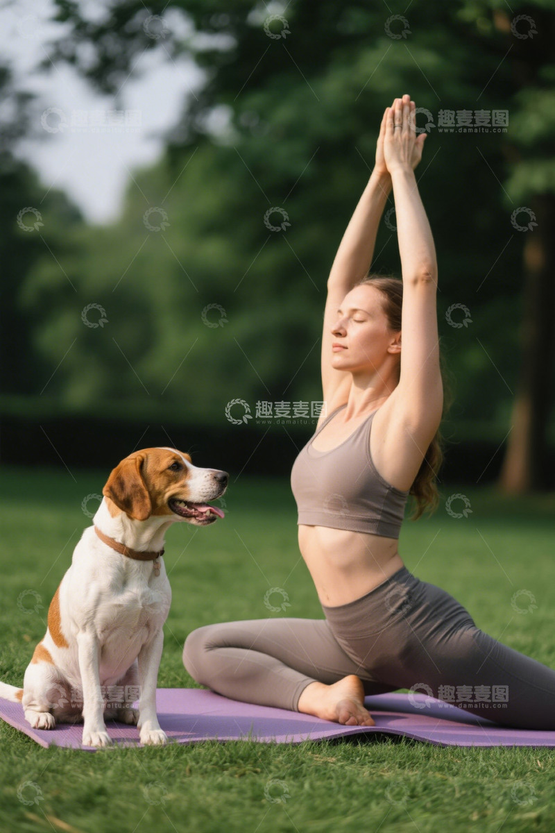 高清大图下载【趣麦麦图】女子户外草坪上与狗一起做瑜伽