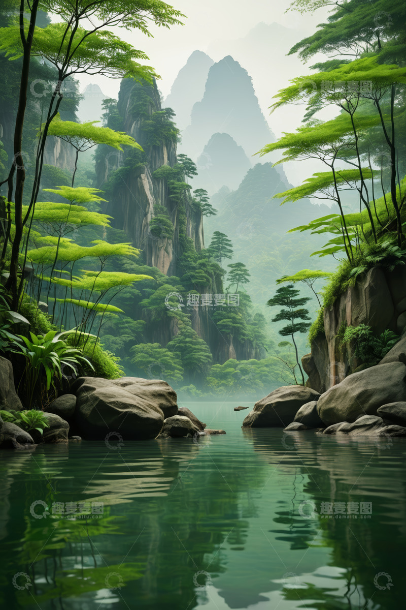 高清大图下载【趣麦麦图】山林间静谧湖水风景