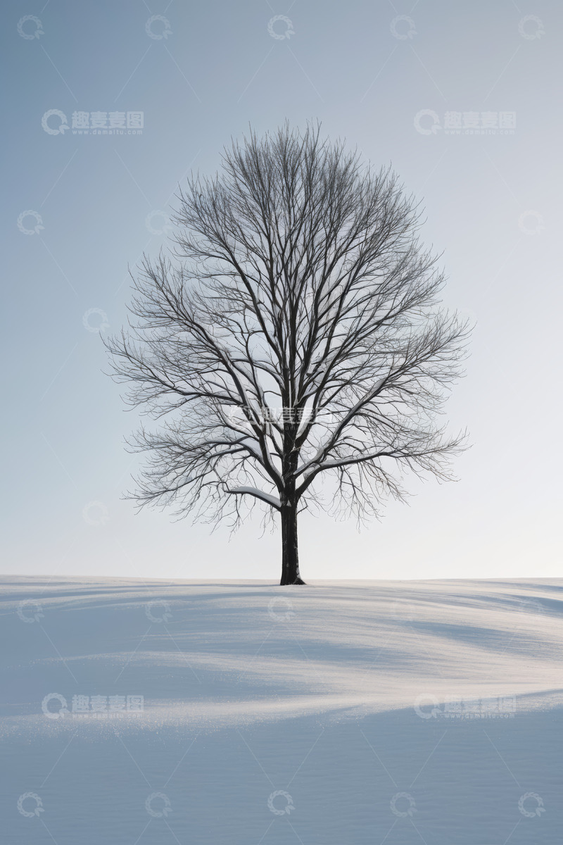 高清大图下载【趣麦麦图】雪地中独立的无叶树木