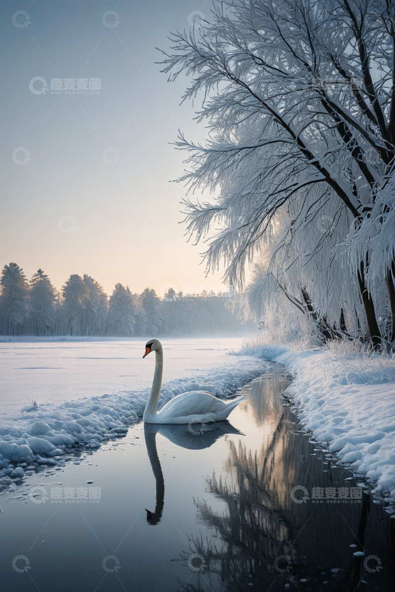 高清大图下载【趣麦麦图】雪地河畔单只天鹅悠然游弋