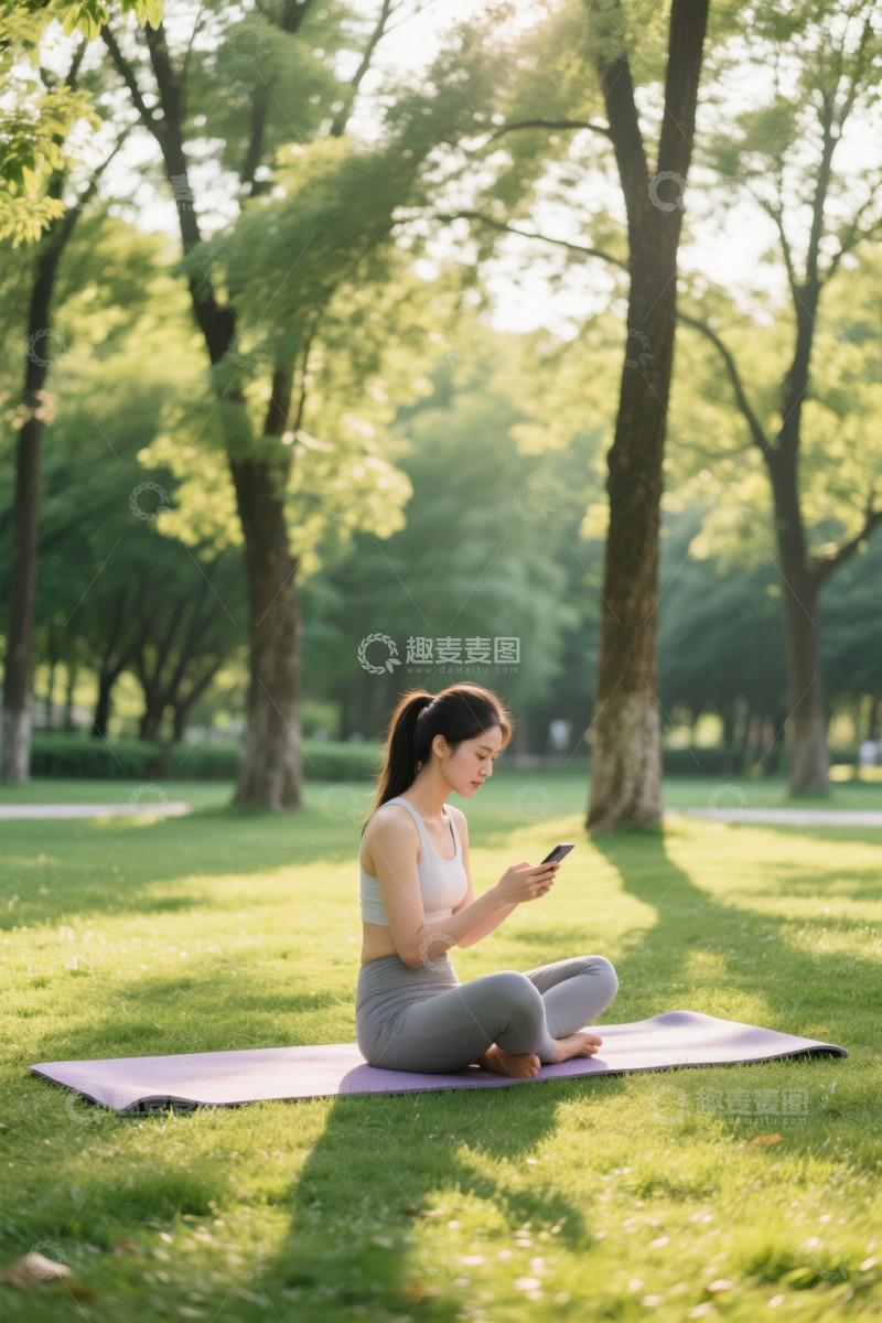 高清大图下载【趣麦麦图】户外草地女子坐瑜伽垫看手机