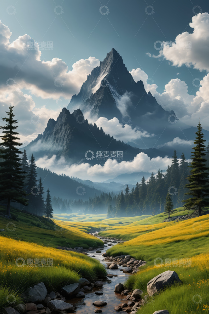 高清大图下载【趣麦麦图】山间草地溪流自然风光