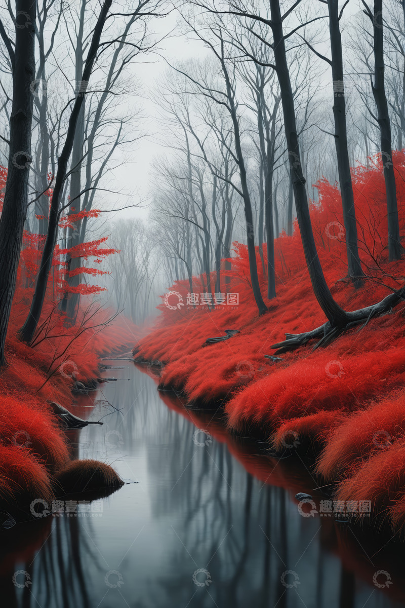 高清大图下载【趣麦麦图】红叶森林中的静谧河流