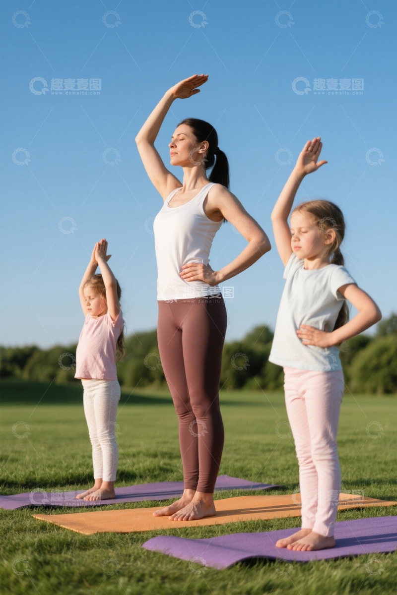 高清大图下载【趣麦麦图】户外母女三人做瑜伽锻炼