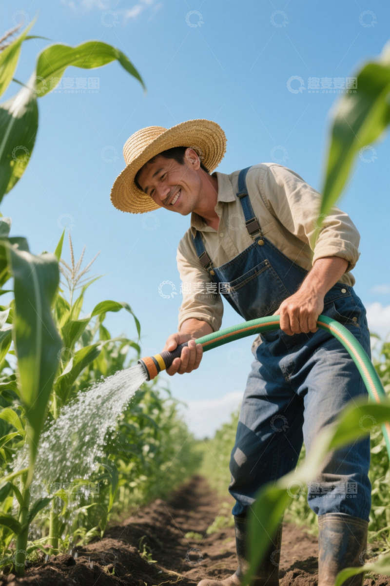高清大图下载【趣麦麦图】农民田间灌溉玉米画面
