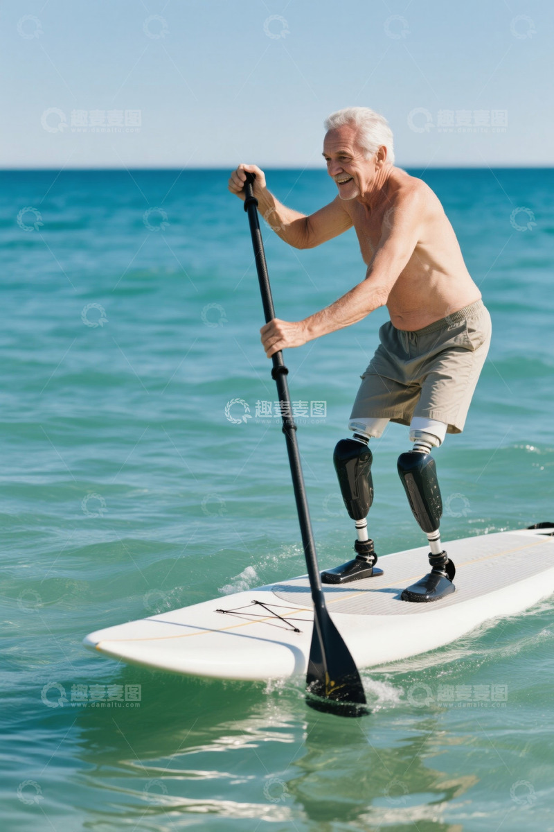 高清大图下载【趣麦麦图】假肢老人海上划桨冲浪
