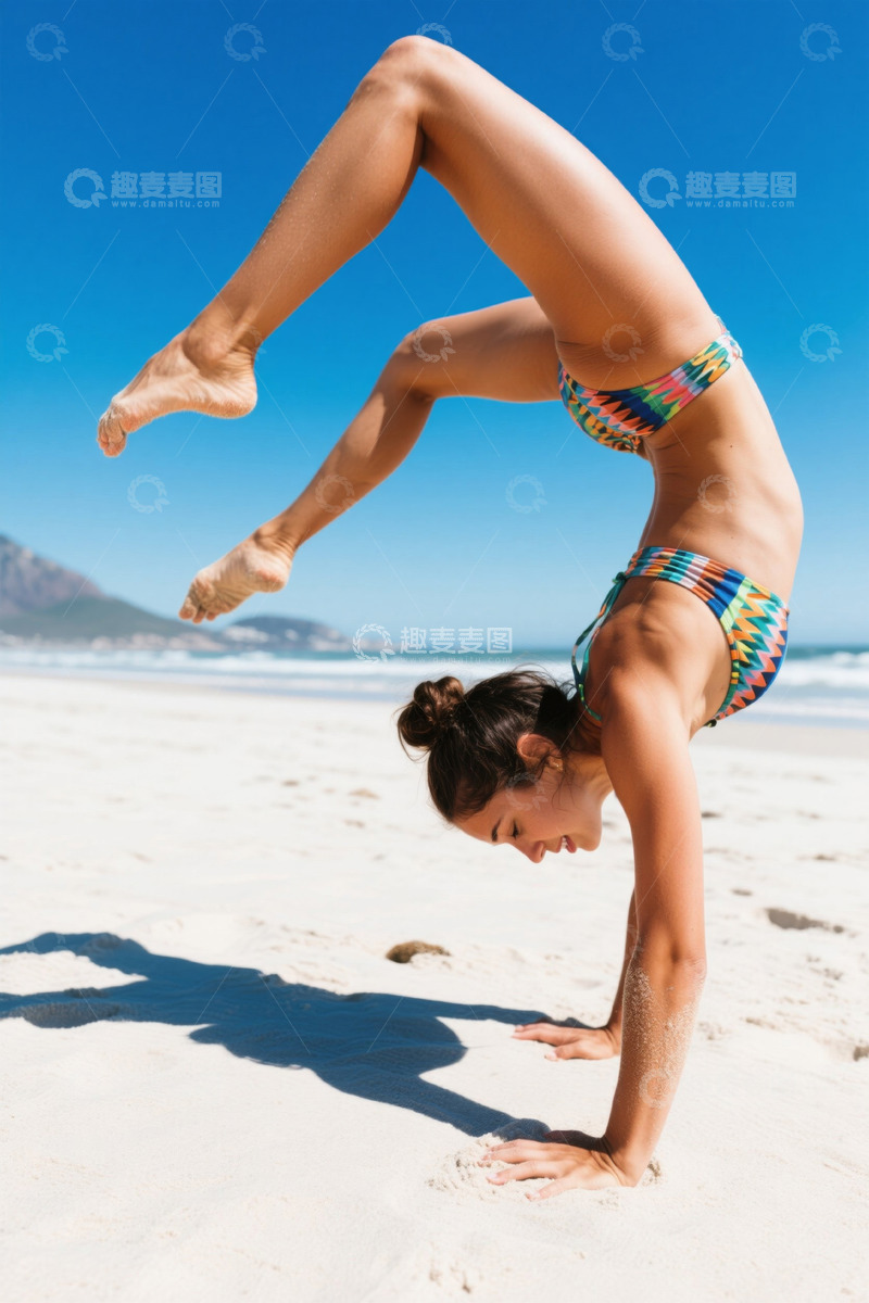 高清大图下载【趣麦麦图】海滩上做倒立的女性