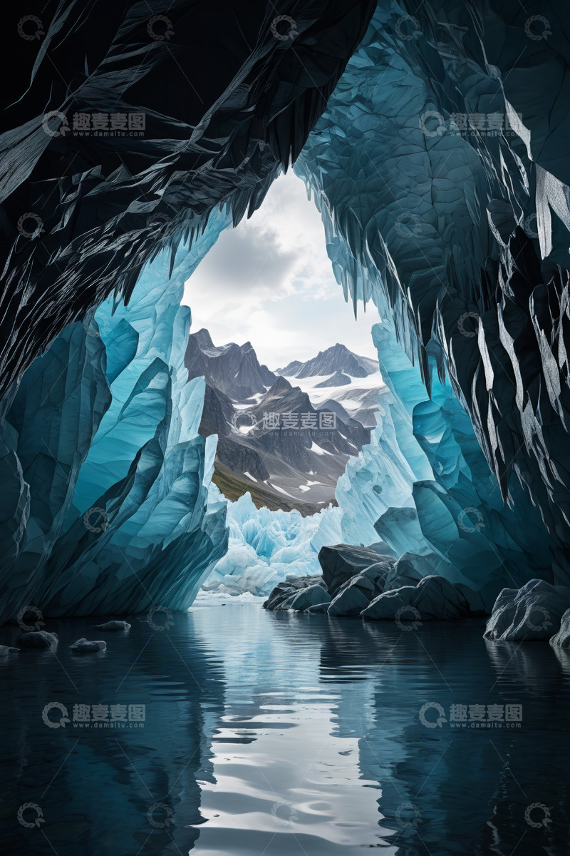 高清大图下载【趣麦麦图】冰洞内眺望远处山脉与冰川