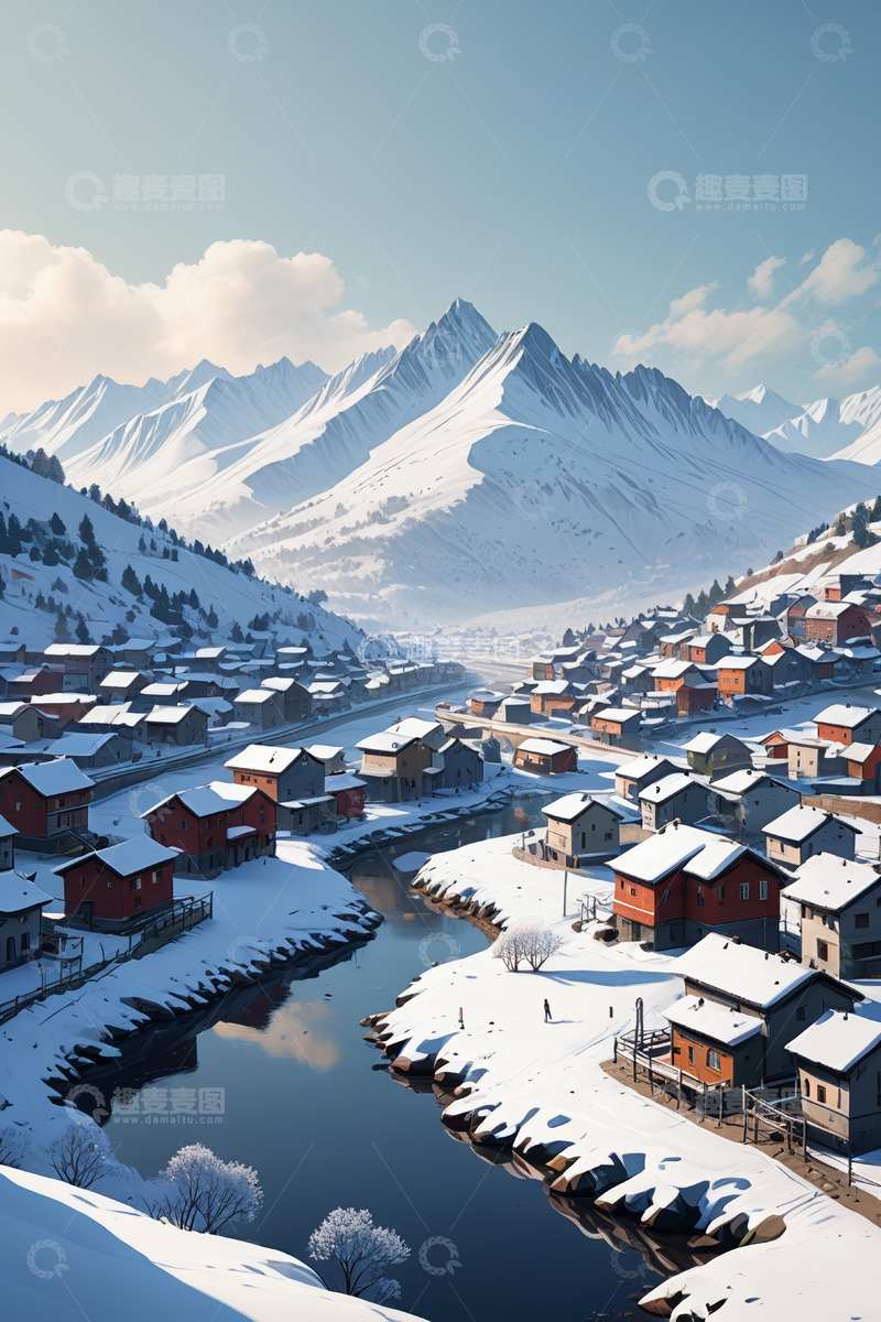 高清大图下载【趣麦麦图】雪山下被雪覆盖的村庄景观