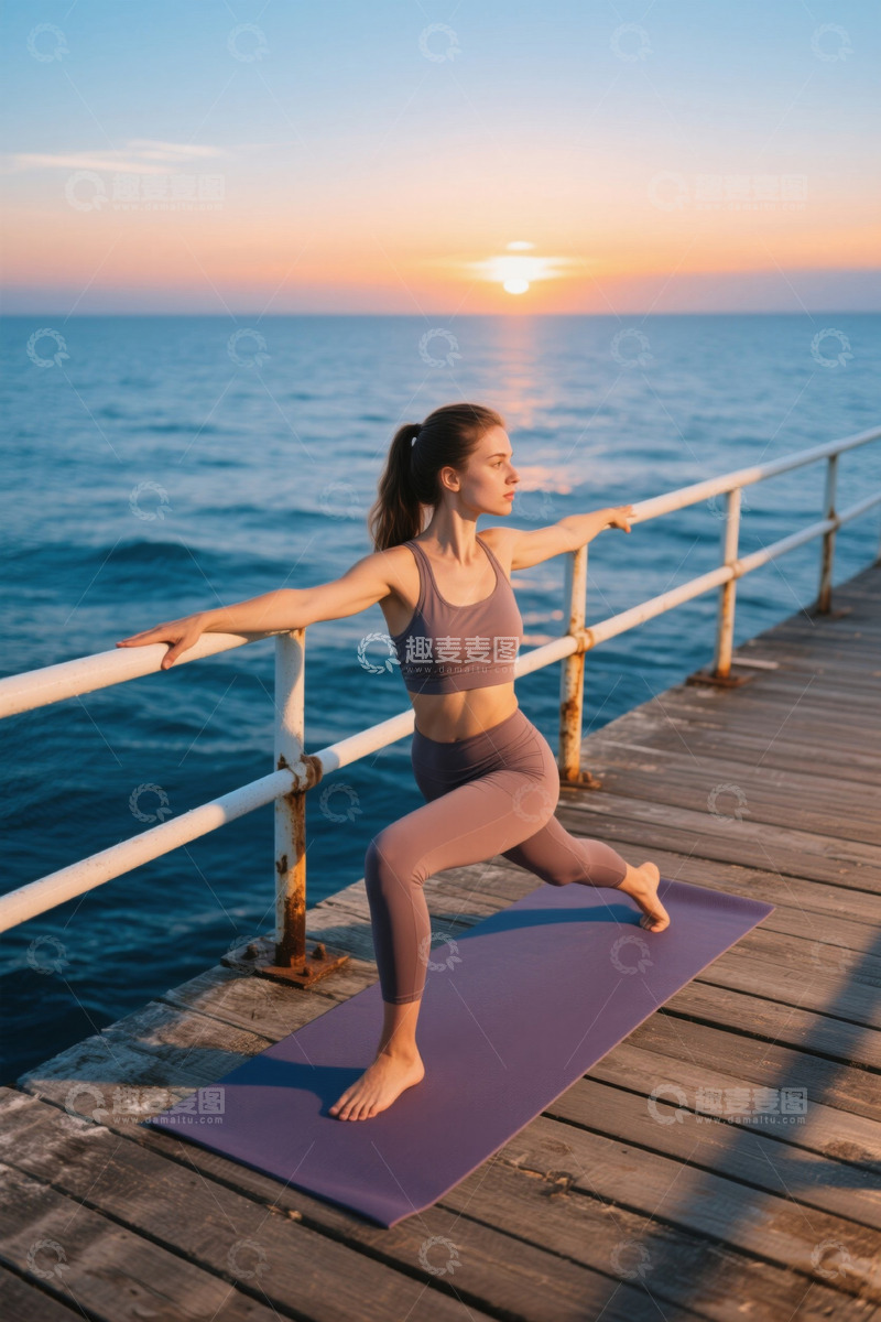 高清大图下载【趣麦麦图】海边木栈道上女子做瑜伽