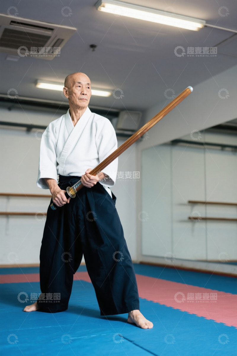 高清大图下载【趣麦麦图】老人室内练习剑道姿态