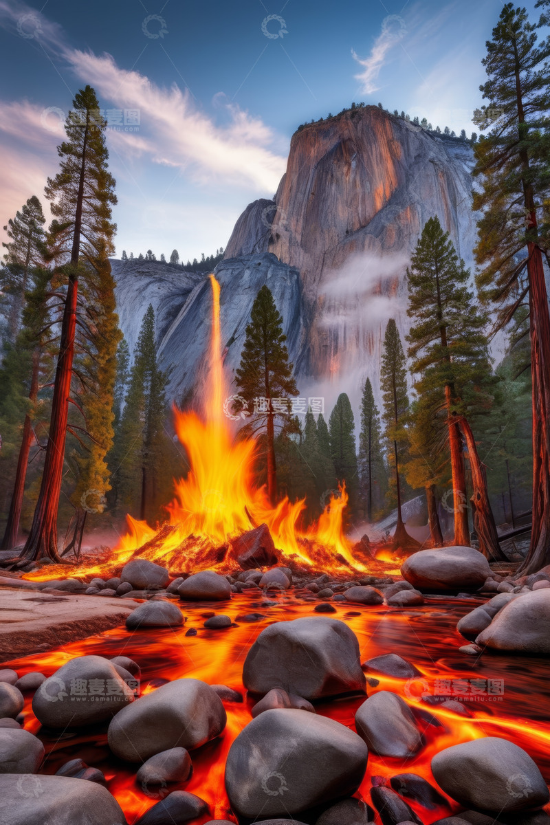 高清大图下载【趣麦麦图】山林间火焰与岩浆景观