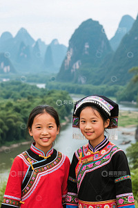 桂林身着民族服饰的少女合影
