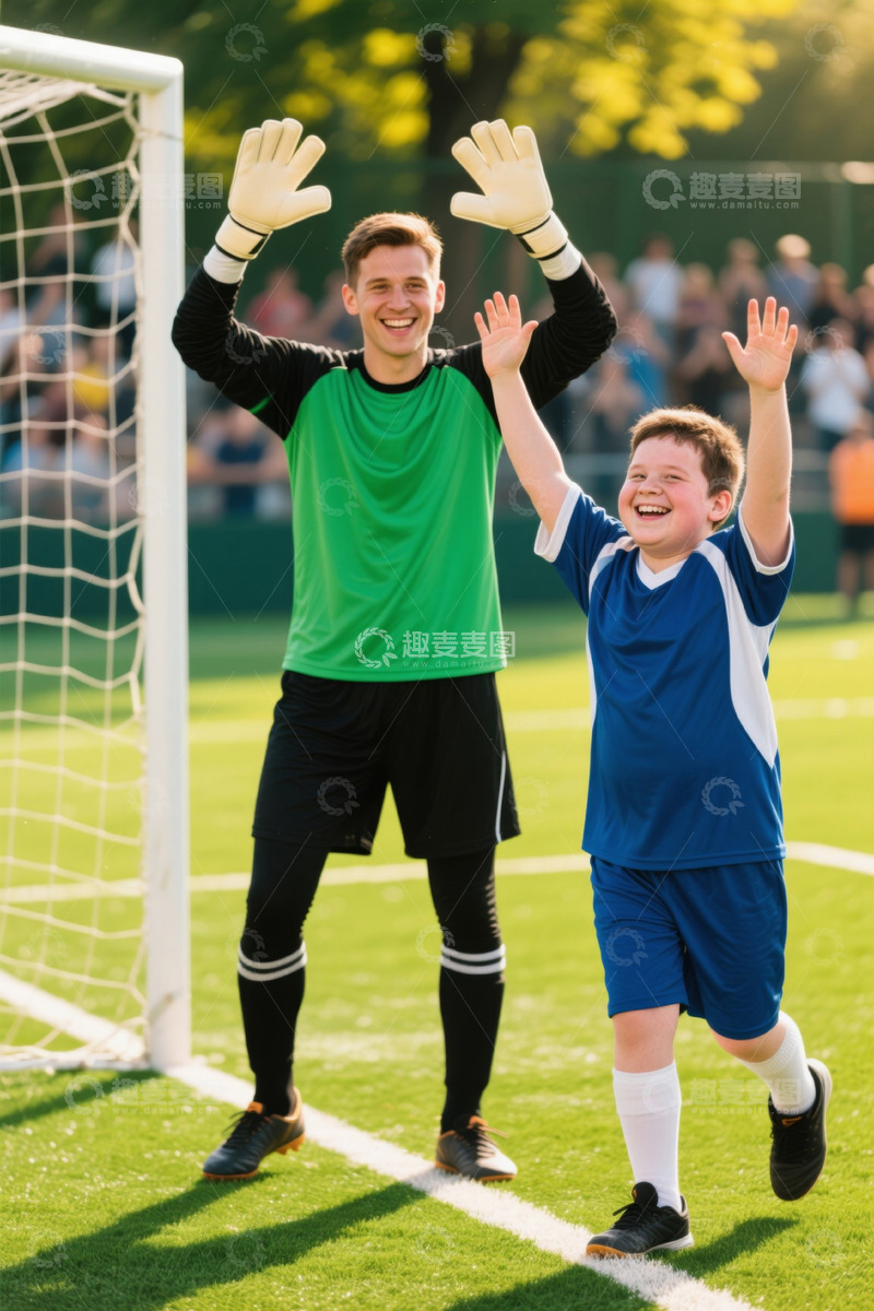 高清大图下载【趣麦麦图】足球场上男孩与守门员击掌庆祝