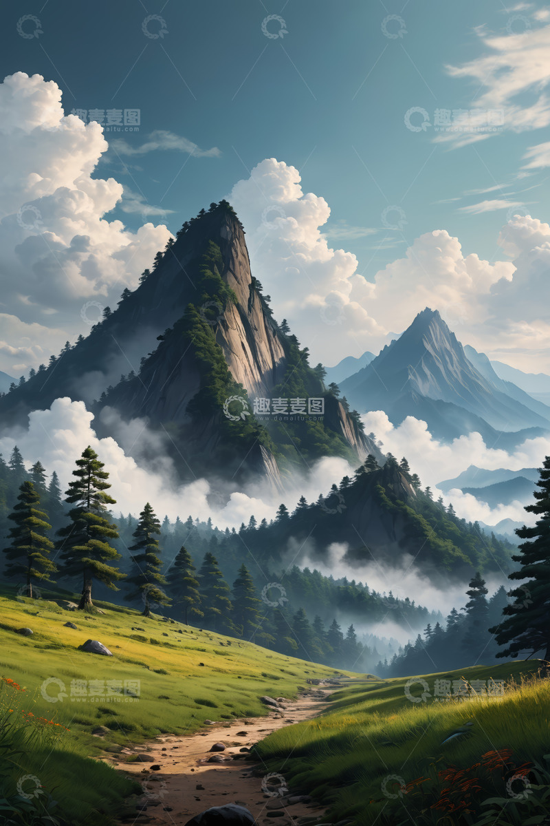 高清大图下载【趣麦麦图】山间草地与云雾缭绕的山峰