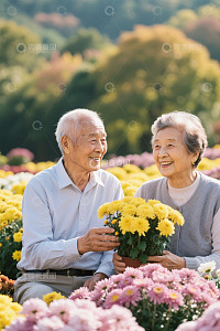 老年夫妇在花丛中微笑