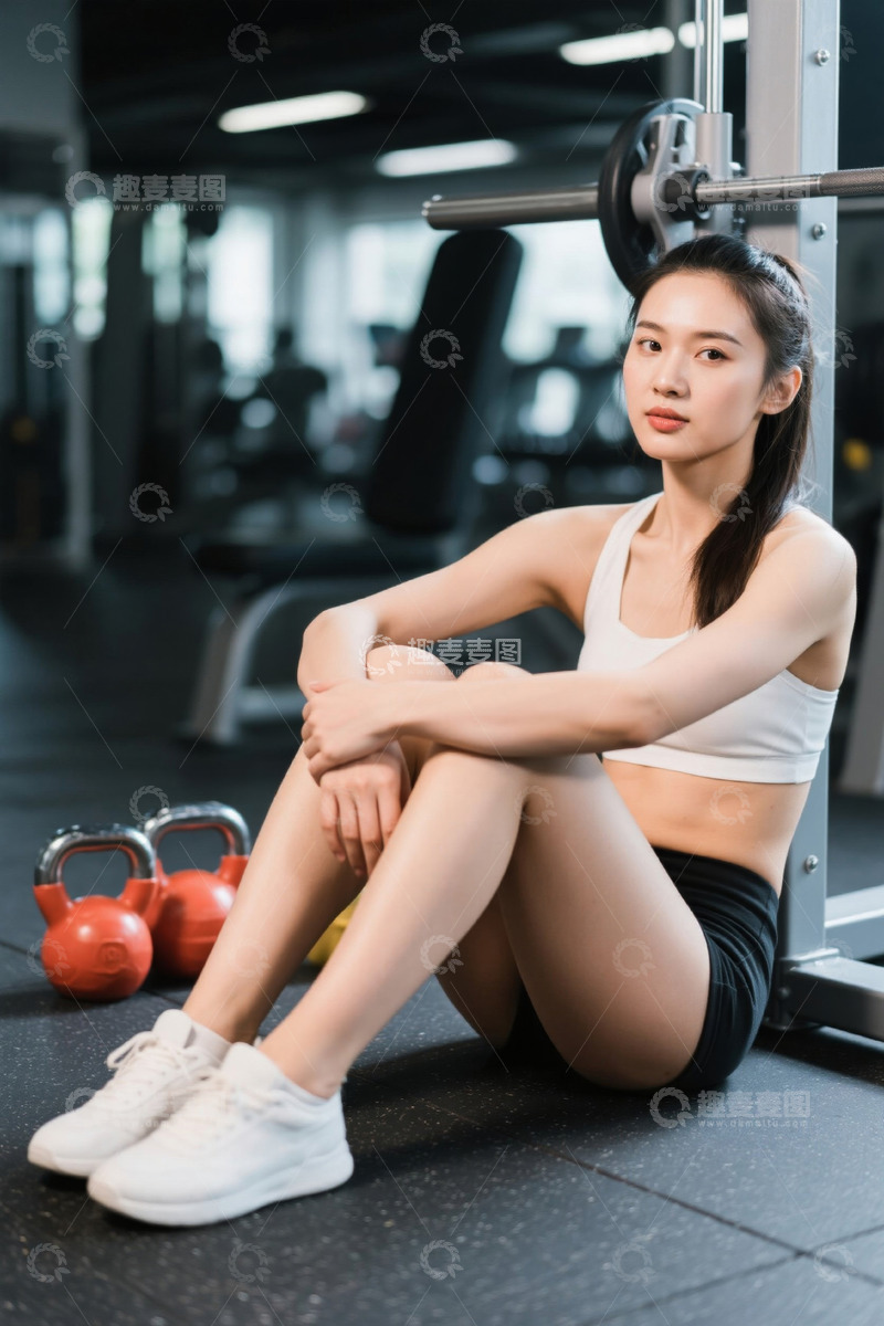 高清大图下载【趣麦麦图】健身房中休息的年轻女性