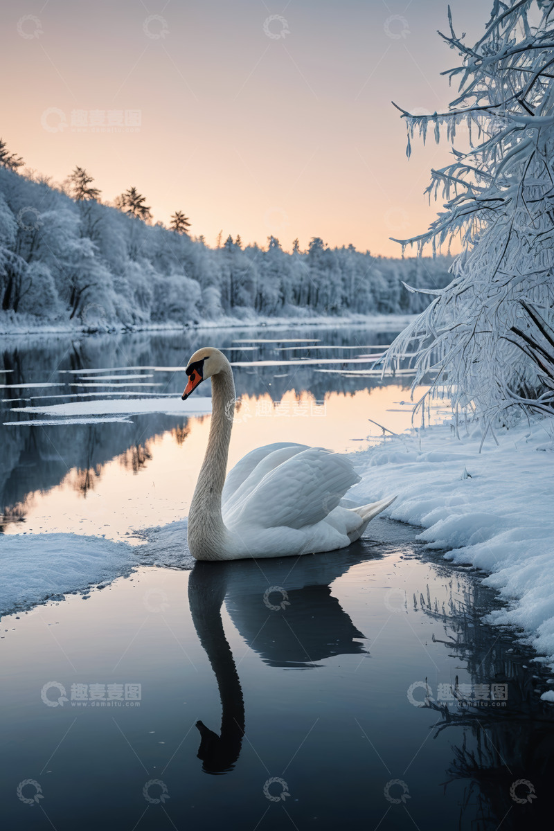 高清大图下载【趣麦麦图】冬日雪岸旁水面上的白天鹅
