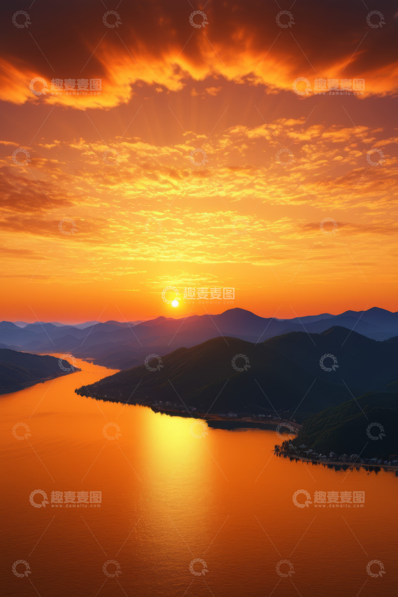 高清大图下载【趣麦麦图】山水间壮丽日出景象